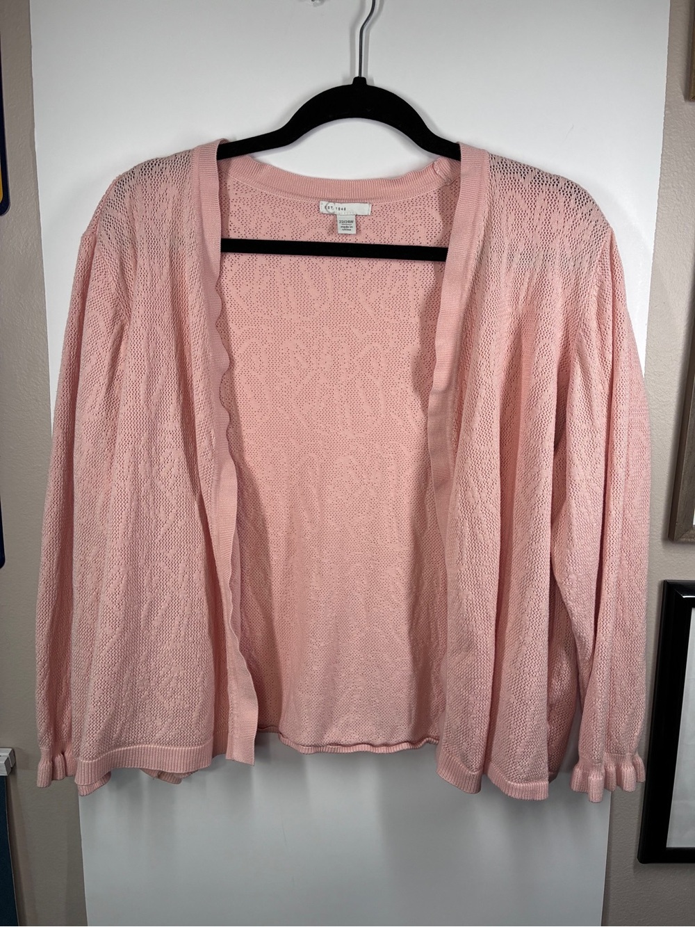 C Est. 1946 Pink Pointelle Open Front Ruffle Cuff Cardigan Size 22/24W